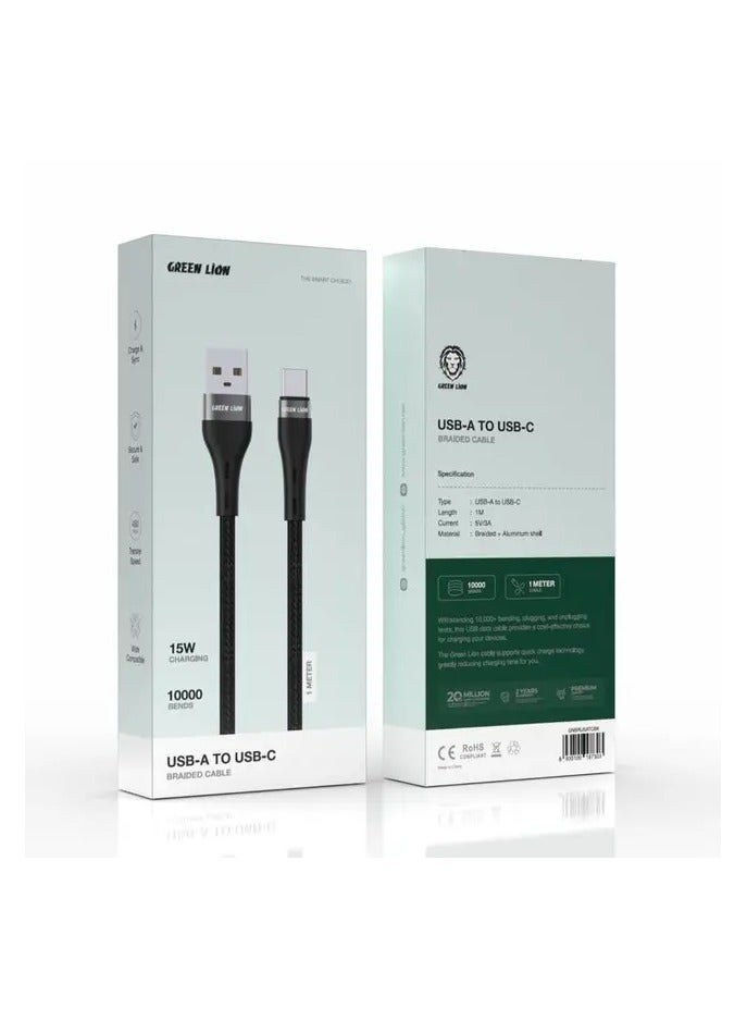 GREEN LION USB-A to USB-C 1 Meter Braided Cable 15W / 480Mbps Transfer Speed / 10000 Bends / Charge & Sync / Secure & Safe / Wide Compatible - Black - Image 2