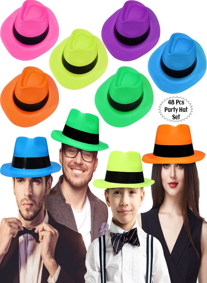 Handepo 48 Pieces Neon Mafia Style Party Hats - Bright Dress Hats for Gangster Music Disco Birthday, Photo Booth Props and Favors - Image 1