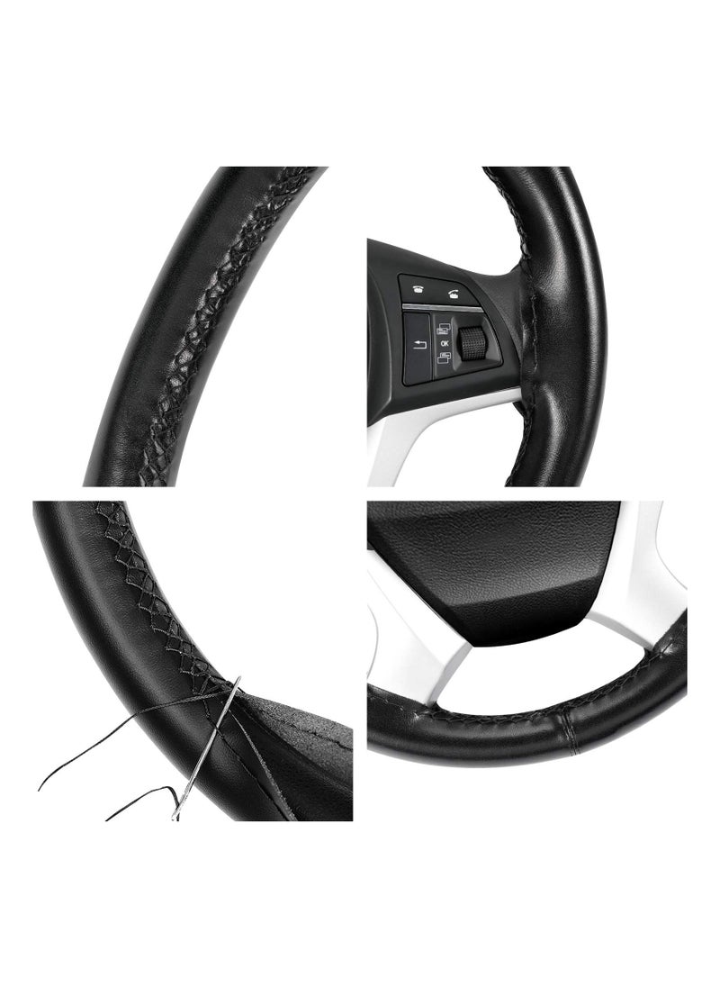 KASTWAVE Genuine Leather Steering Wheel Cover, Stitch On Wrap, for 14 1/2 - 15 inches Round and D-Type Steering Wheels, Black  - Image 4