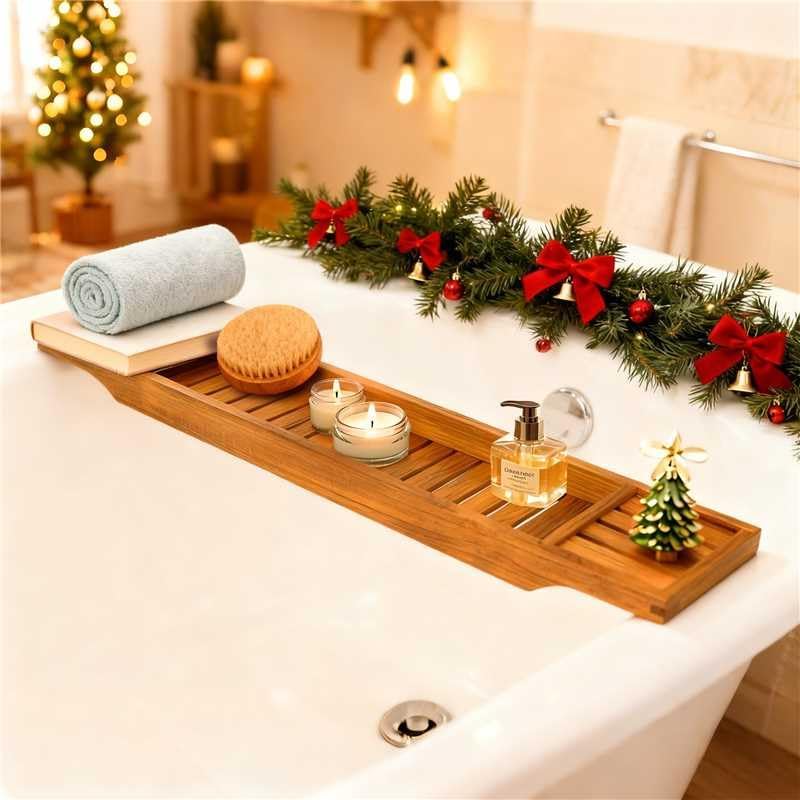 VaeFae Teak Bathtub Tray, Wooden Bath Caddy for Bathtub, Bath Tub Wood Table for Tub - Image 5