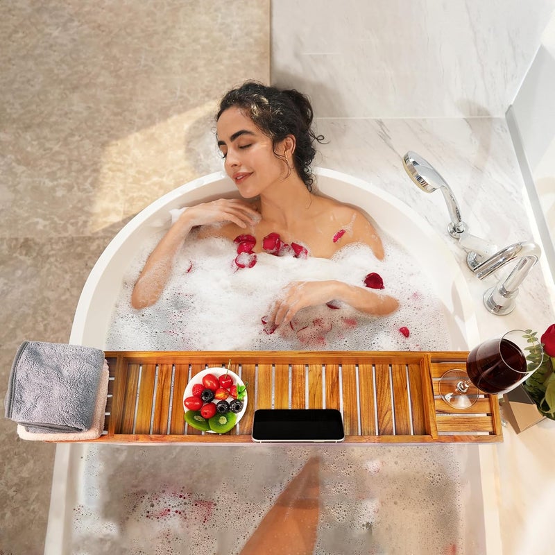 VaeFae Teak Bathtub Tray, Wooden Bath Caddy for Bathtub, Bath Tub Wood Table for Tub - Image 2