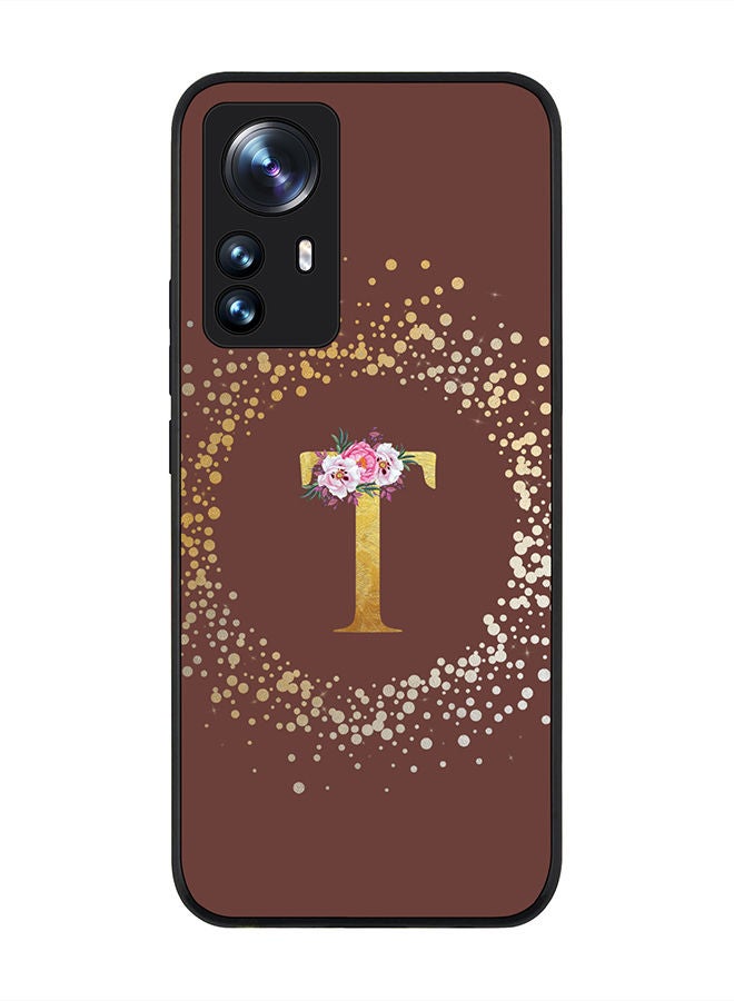 Stylizedd Rugged Black edge case for Xiaomi 12 / Xiaomi 12X Slim fit Soft Case Flexible Rubber Edges TPU Gel Thin Cover - Custom Monogram Initial Letter Floral Pattern Alphabet - T (Brown) - Image 1