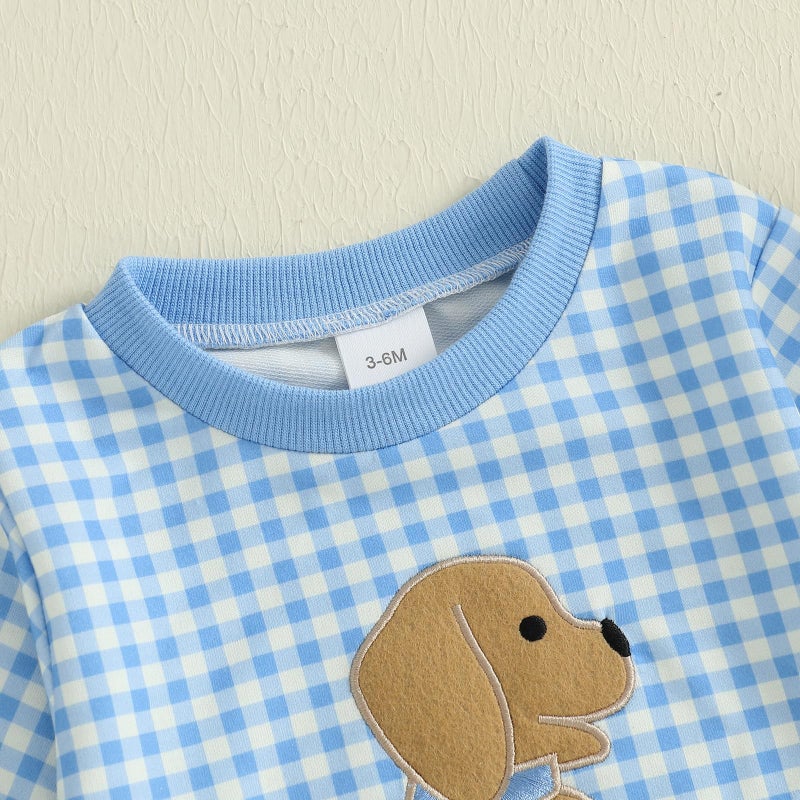 Yuemengxuan Newborn Baby Boy Fall Outfit Dog Embroidery Long Sleeve Sweatshirt Bubble Romper Infant Onesie Winter Clothes (Blue, 0-3 Months) - Image 5