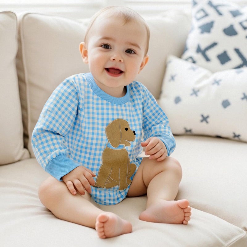 Yuemengxuan Newborn Baby Boy Fall Outfit Dog Embroidery Long Sleeve Sweatshirt Bubble Romper Infant Onesie Winter Clothes (Blue, 0-3 Months) - Image 3