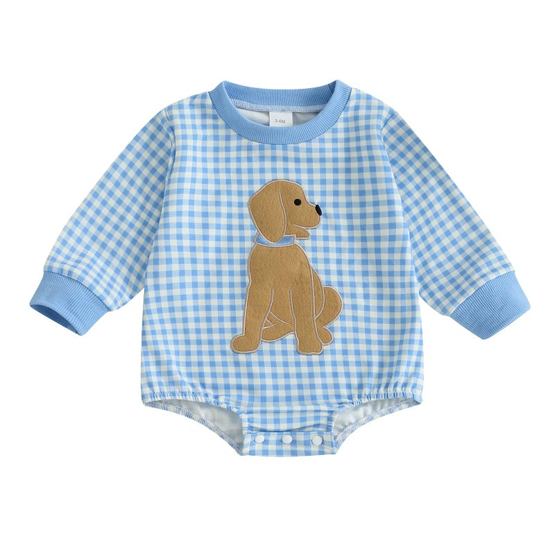 Yuemengxuan Newborn Baby Boy Fall Outfit Dog Embroidery Long Sleeve Sweatshirt Bubble Romper Infant Onesie Winter Clothes (Blue, 0-3 Months) - Image 1
