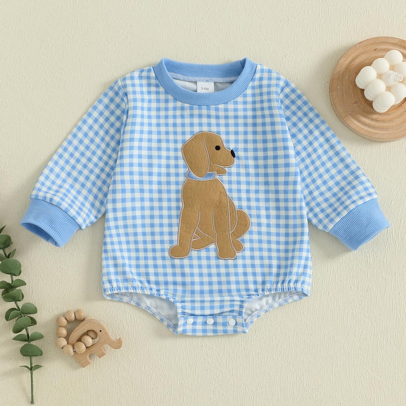 Yuemengxuan Newborn Baby Boy Fall Outfit Dog Embroidery Long Sleeve Sweatshirt Bubble Romper Infant Onesie Winter Clothes (Blue, 0-3 Months) - Image 4