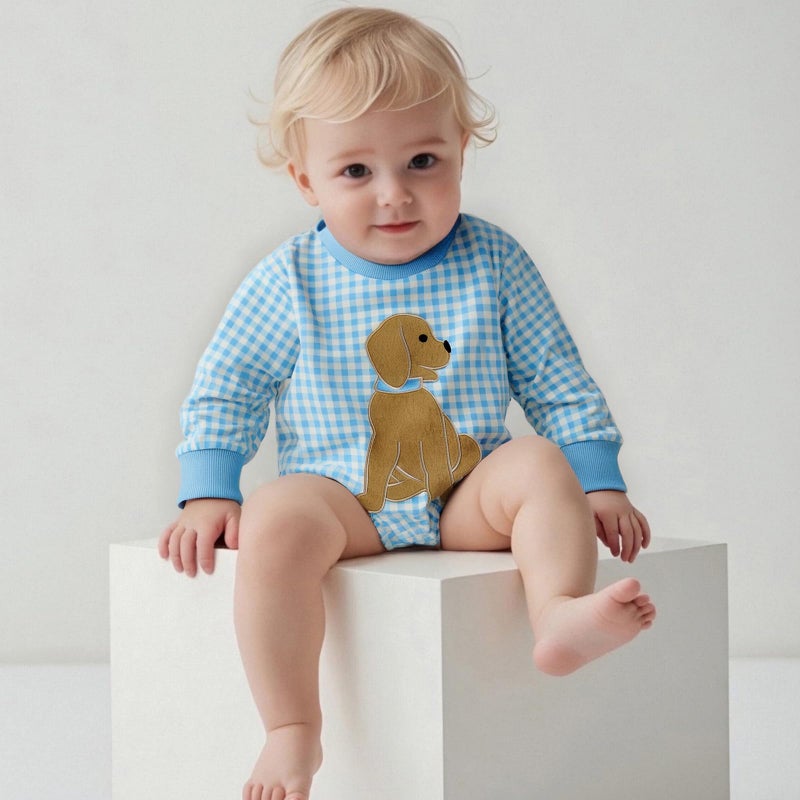 Yuemengxuan Newborn Baby Boy Fall Outfit Dog Embroidery Long Sleeve Sweatshirt Bubble Romper Infant Onesie Winter Clothes (Blue, 0-3 Months) - Image 2