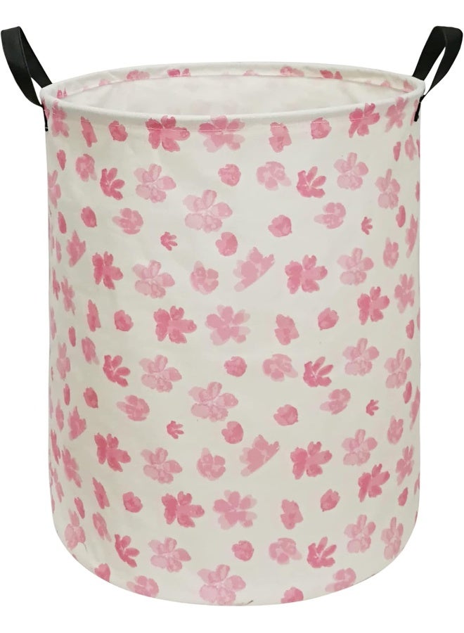 ACMUUNI 19.7 Inch Pink Flower Canvas Clothes Basket Laundry Hamper with Handles - Image 1
