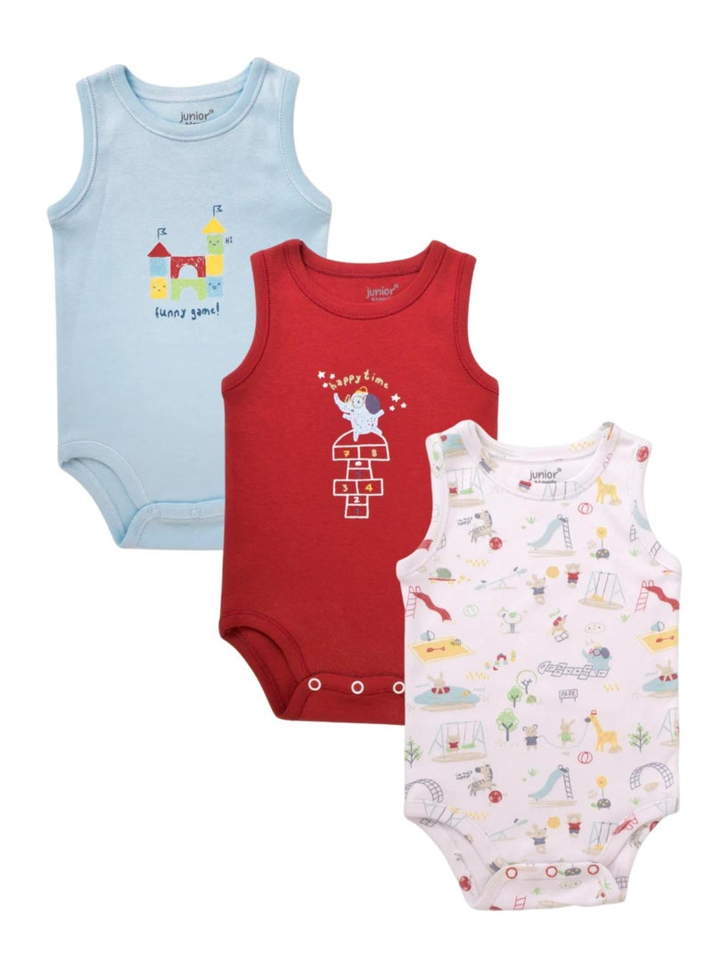 Junior Sleeveless Bodysuits 3-Pack, Pirate & Playground Prints, Striped & Solid Colors, 100% Cotton - Baby Boy - Image 1
