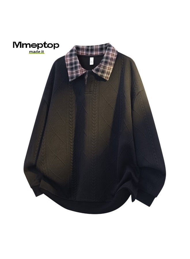 Mmoptop Wheat Ear Pattern Plaid Polo Collar Sweatshirt Autumn Winter Men's Patchwork Comfortable Breathable Inner Shirt Mwy19 White 2XL - Image 3