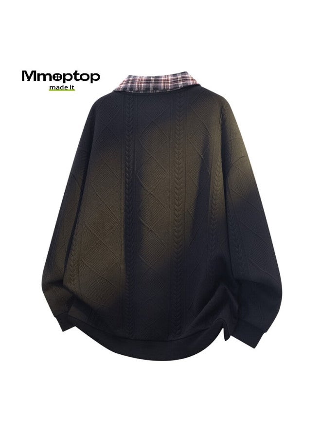 Mmoptop Wheat Ear Pattern Plaid Polo Collar Sweatshirt Autumn Winter Men's Patchwork Comfortable Breathable Inner Shirt Mwy19 White 2XL - Image 4