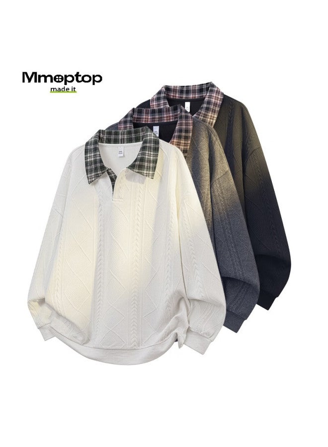 Mmoptop Wheat Ear Pattern Plaid Polo Collar Sweatshirt Autumn Winter Men's Patchwork Comfortable Breathable Inner Shirt Mwy19 White 2XL - Image 5
