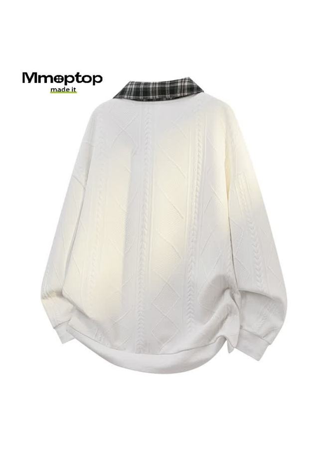 Mmoptop Wheat Ear Pattern Plaid Polo Collar Sweatshirt Autumn Winter Men's Patchwork Comfortable Breathable Inner Shirt Mwy19 White 2XL - Image 1