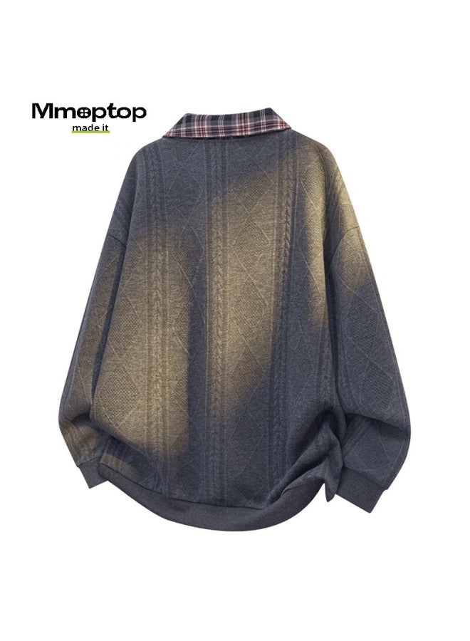 Mmoptop Wheat Ear Pattern Plaid Polo Collar Sweatshirt Autumn Winter Men's Patchwork Comfortable Breathable Inner Shirt Mwy19 White 2XL - Image 2