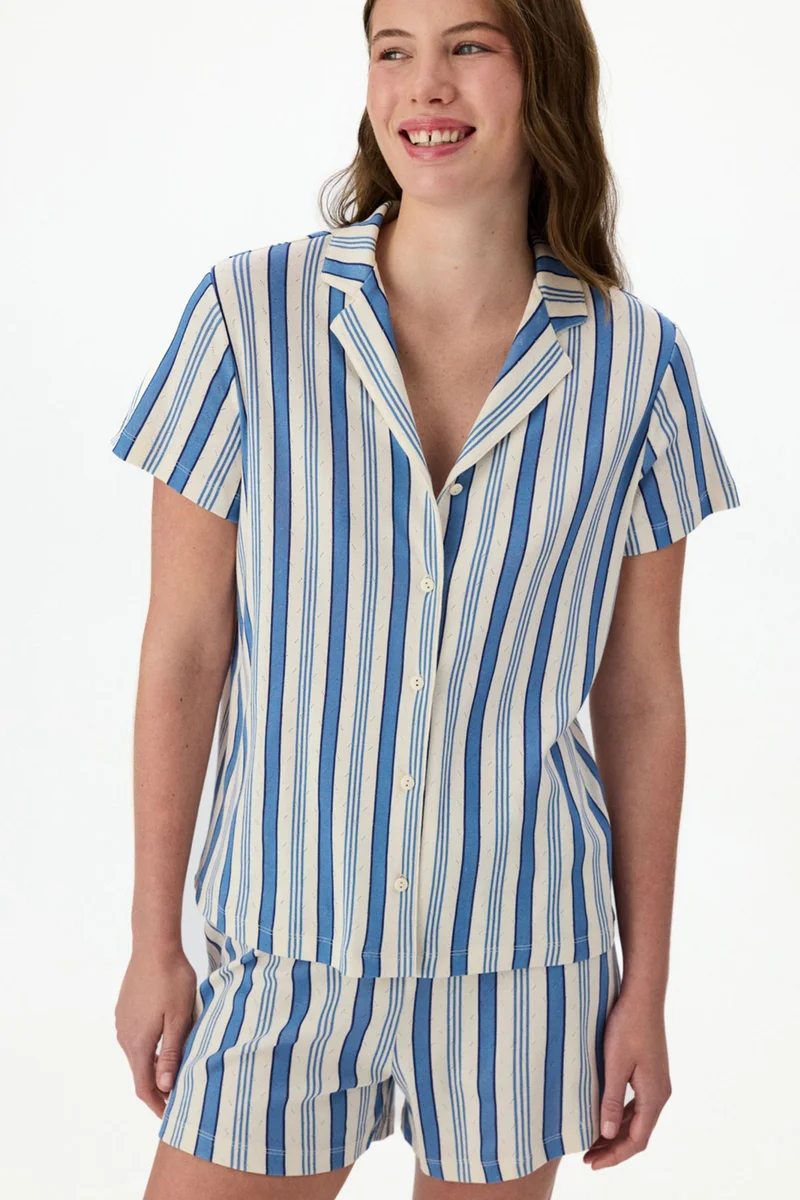 Penti PENTI Striped Pointelle Short Sleeve Shirt Shorts Pajama Set