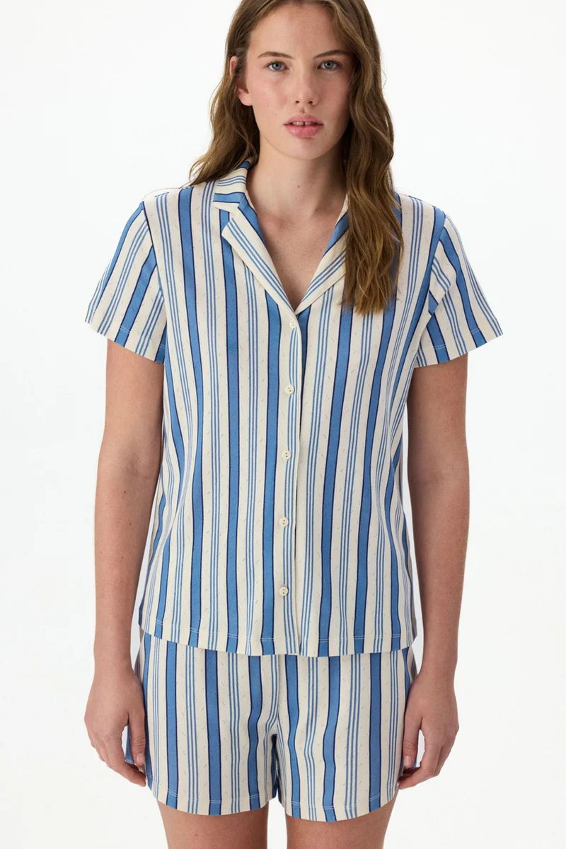 Penti PENTI Striped Pointelle Short Sleeve Shirt Shorts Pajama Set