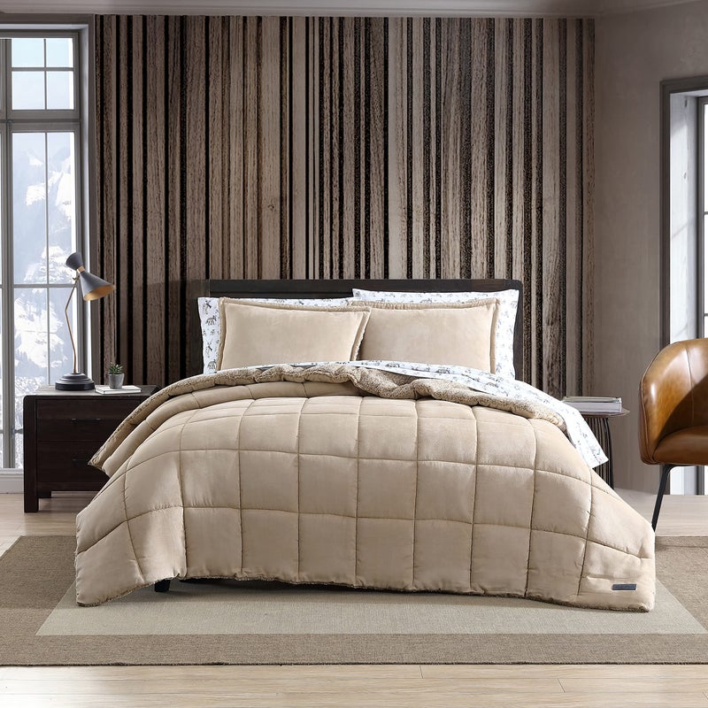Eddie Bauer Eddie Bauer  Queen Comforter Set Reversible Sherpa Bedding with Matching Shams Cozy  Warm Home Decor Sherwood Brown Queen 
