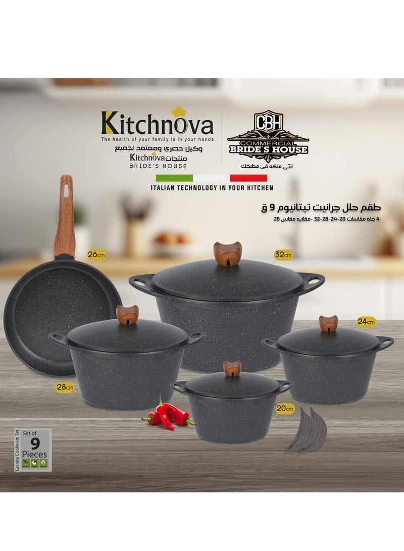 9 Piece Kitchennova Diecast Set 4 pots (20 - 24 - 28 - 32) + Frying Pan 26 -Black
