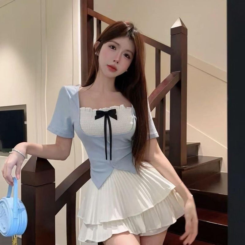 Chic Bow-Tie Tee  Pleated Skirt Set for Women Blue Top - Image 3