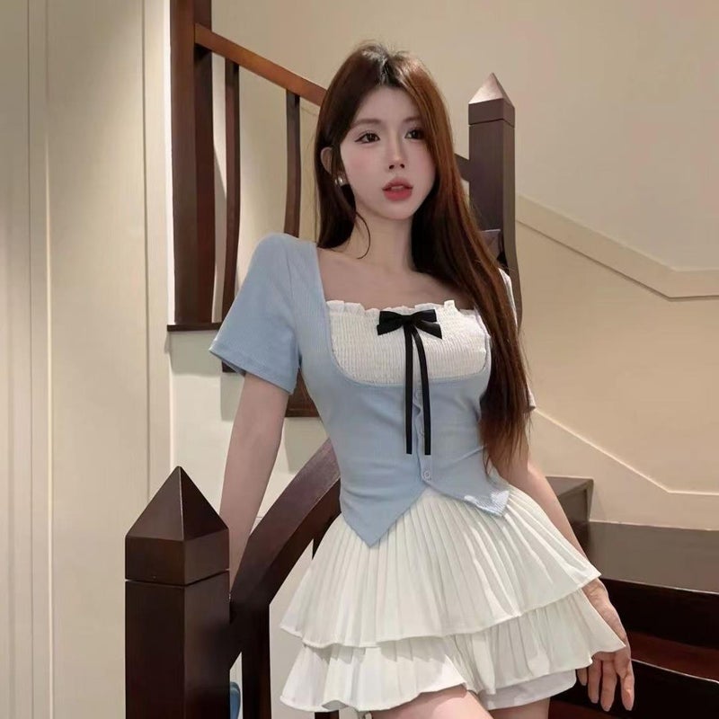 Chic Bow-Tie Tee  Pleated Skirt Set for Women Blue Top - Image 4