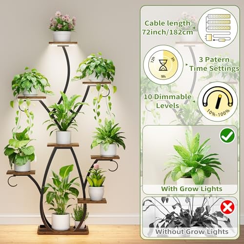 EVAWOO Plant Stand Indoor with Grow Lights - 58" Tall Plant Shelf Indoor, 8 Tiered Corner Lighted Plant Stand for Indoor Multiple Plants, Metal Flower Stands Display Rack for House, Patio, Black - Image 5