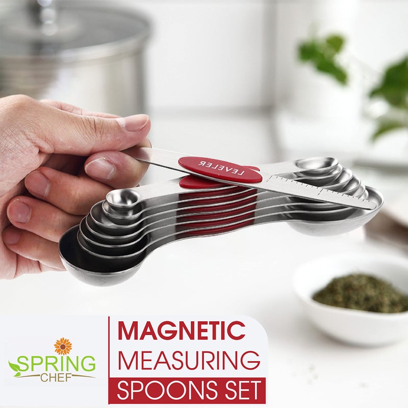 Spring Chef Red Stainless Steel Magnetic Measuring Spoons Set of 8 with Leveler, Dual Sided Nesting Teaspoon & Tablespoon Measuring Spoons, Kitchen Gadgets for Baking & Cooking, Fits in Spice Jars - Image 2