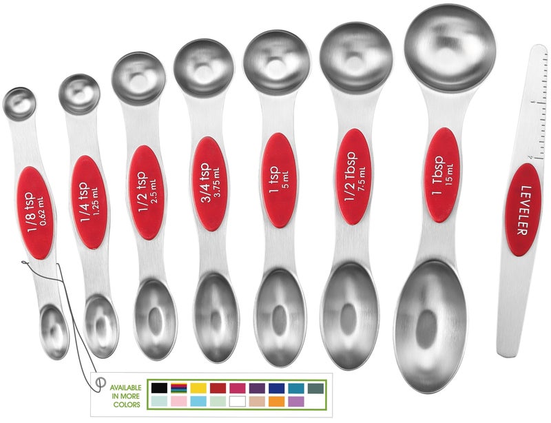 Spring Chef Red Stainless Steel Magnetic Measuring Spoons Set of 8 with Leveler, Dual Sided Nesting Teaspoon & Tablespoon Measuring Spoons, Kitchen Gadgets for Baking & Cooking, Fits in Spice Jars - Image 1