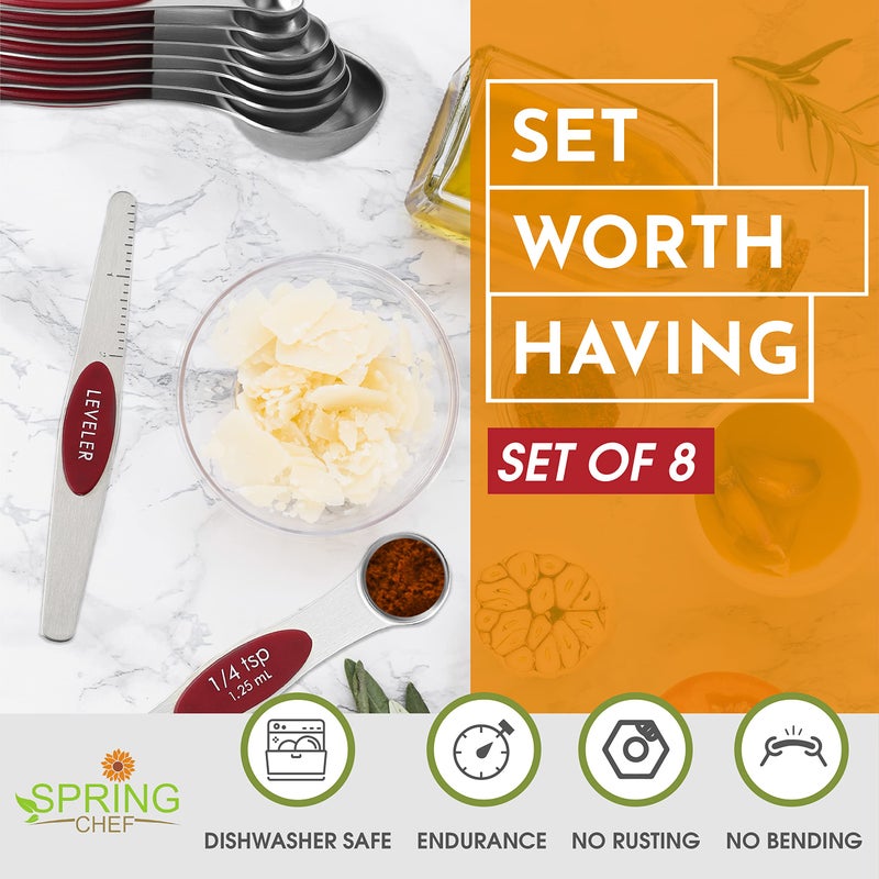 Spring Chef Red Stainless Steel Magnetic Measuring Spoons Set of 8 with Leveler, Dual Sided Nesting Teaspoon & Tablespoon Measuring Spoons, Kitchen Gadgets for Baking & Cooking, Fits in Spice Jars - Image 3