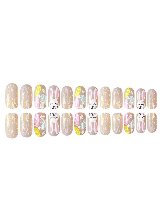 ASABITE 24Pcs Short Square Press on Nails Easter Fake Nails with Easter Eggs Rabbit Designs Cute Bunny Stick on Nails Full Cover False Nails Nude Easter Nails Press ons Holiday Glue on Nail for Women Nail Art - Image 4