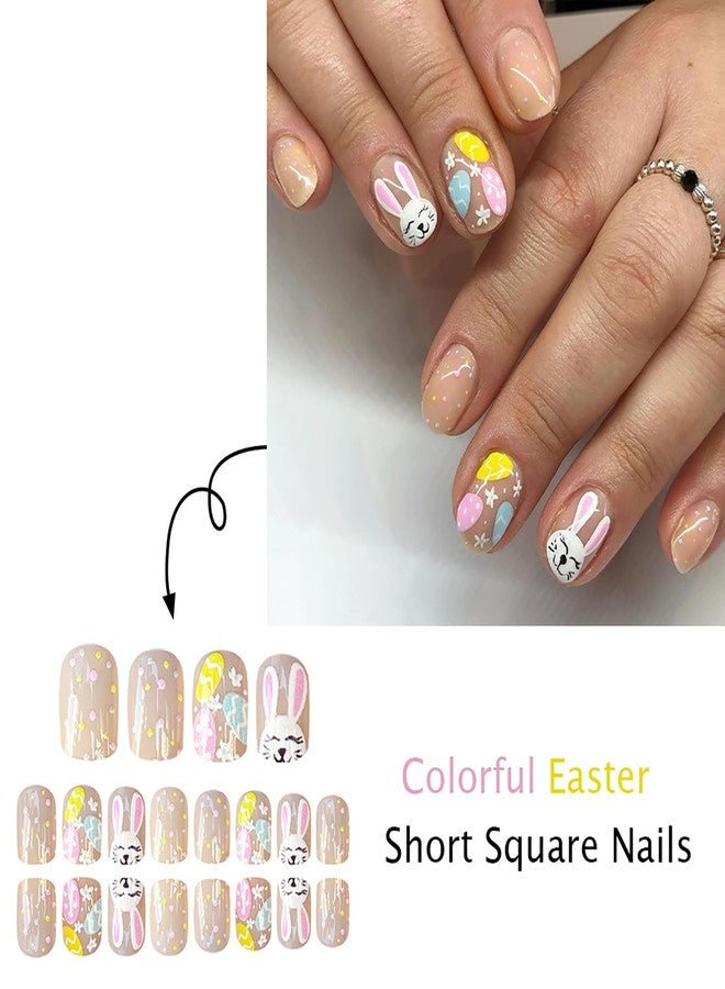 ASABITE 24Pcs Short Square Press on Nails Easter Fake Nails with Easter Eggs Rabbit Designs Cute Bunny Stick on Nails Full Cover False Nails Nude Easter Nails Press ons Holiday Glue on Nail for Women Nail Art - Image 3