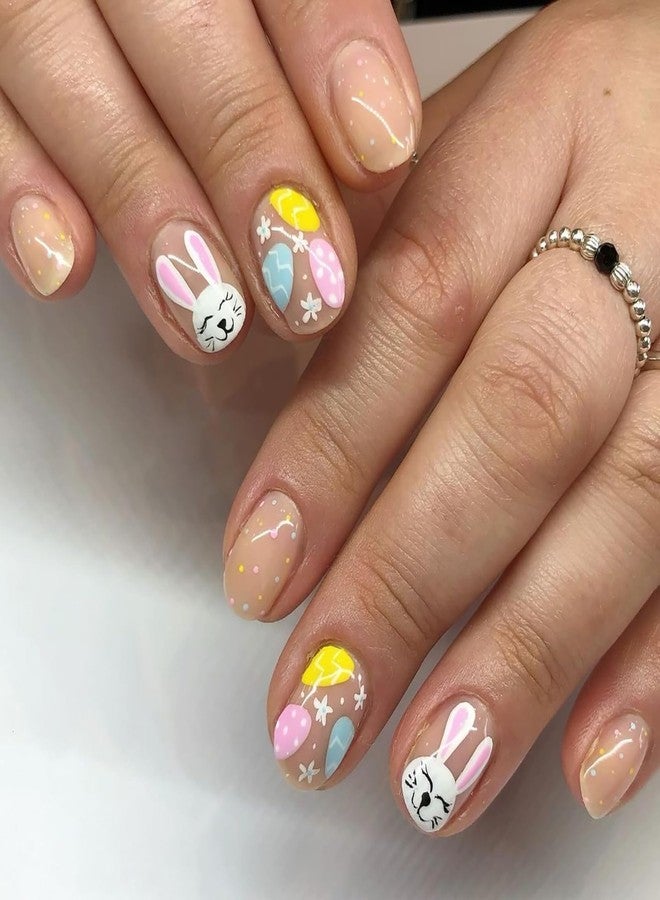 ASABITE 24Pcs Short Square Press on Nails Easter Fake Nails with Easter Eggs Rabbit Designs Cute Bunny Stick on Nails Full Cover False Nails Nude Easter Nails Press ons Holiday Glue on Nail for Women Nail Art - Image 1