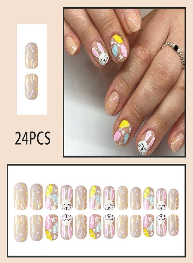 ASABITE 24Pcs Short Square Press on Nails Easter Fake Nails with Easter Eggs Rabbit Designs Cute Bunny Stick on Nails Full Cover False Nails Nude Easter Nails Press ons Holiday Glue on Nail for Women Nail Art - Image 2