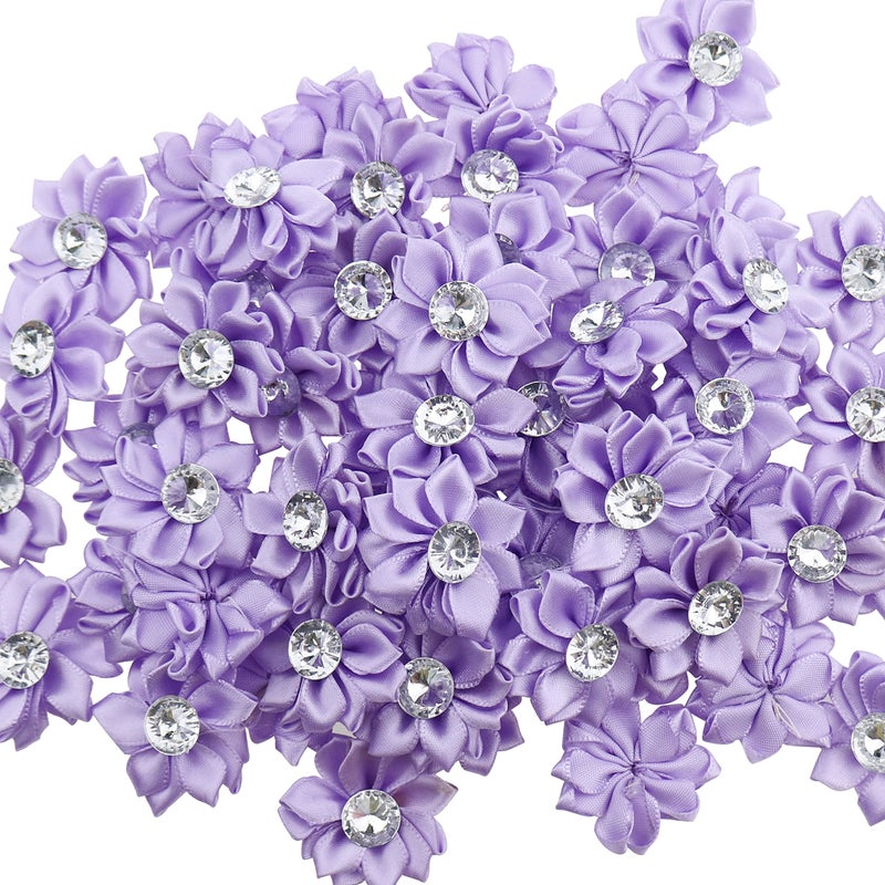 DonLeeving 60 PCS Satin Ribbon Flowers  Bows  Mini Fabric Flowers with Rhinestones for DIY Wedding Purple