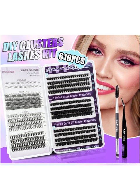 616 Clusters False Eyelashes Kit - 7 Styles of Grafted Eyelashes - Voluminous Curly Eyelash Extensions,with Tweezers and Brush