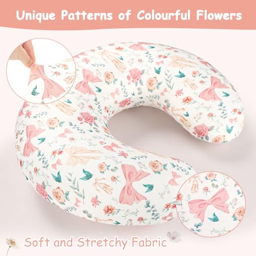 GFU Nursing Pillow Cover for Boys and Girls, Breastfeeding Pillow Case for Newborn, Soft Baby Breastfeeding Pillow Slipcover Colourful Bow & Flowers, Stretchy Feeding Cover (Cover Only) - Image 3