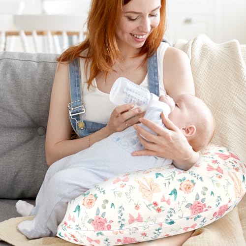 GFU Nursing Pillow Cover for Boys and Girls, Breastfeeding Pillow Case for Newborn, Soft Baby Breastfeeding Pillow Slipcover Colourful Bow & Flowers, Stretchy Feeding Cover (Cover Only) - Image 4