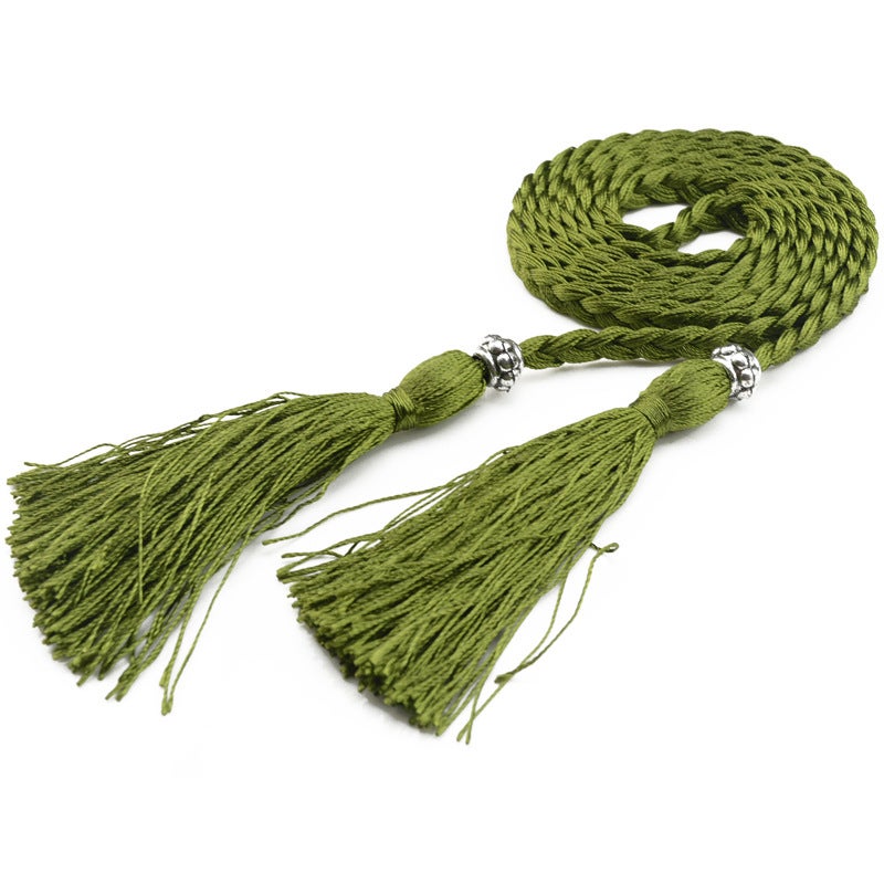 Braided Tassel Belt Ladies Skinny Butterfly Knot Army Green 