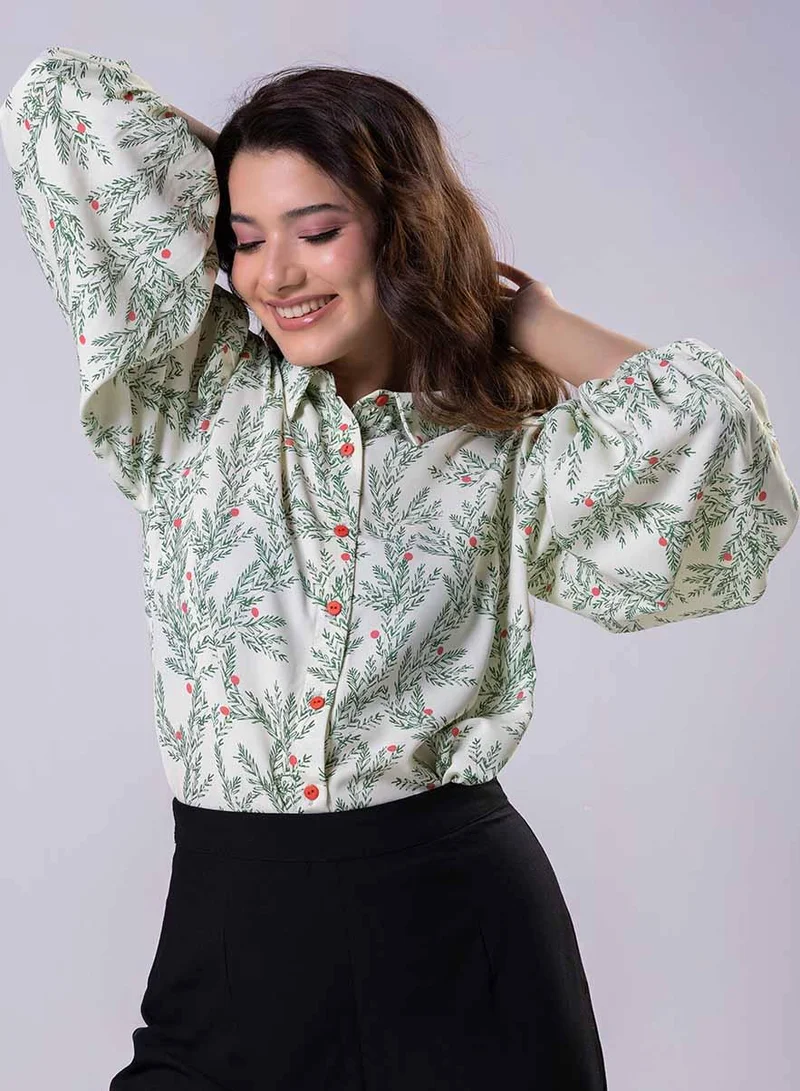 Long Sleeve Elasicated Printed Chiffon Shirt Top