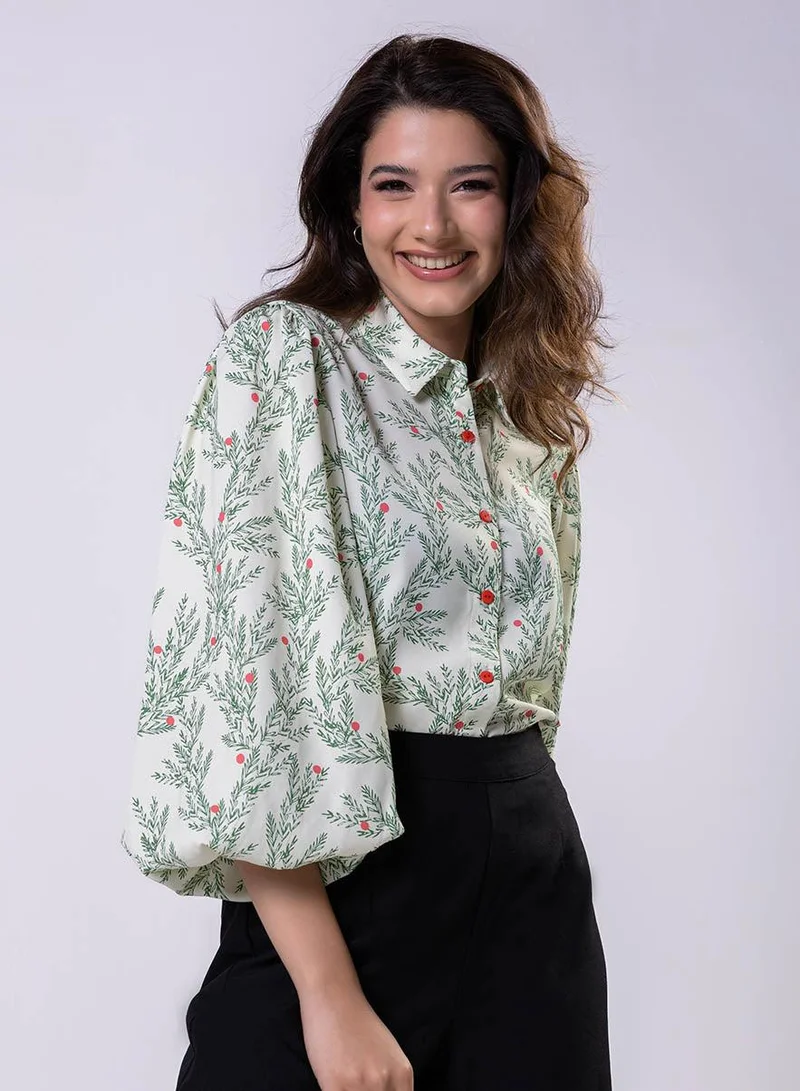 Zigzag Long Sleeve Elasicated Printed Chiffon Shirt Top