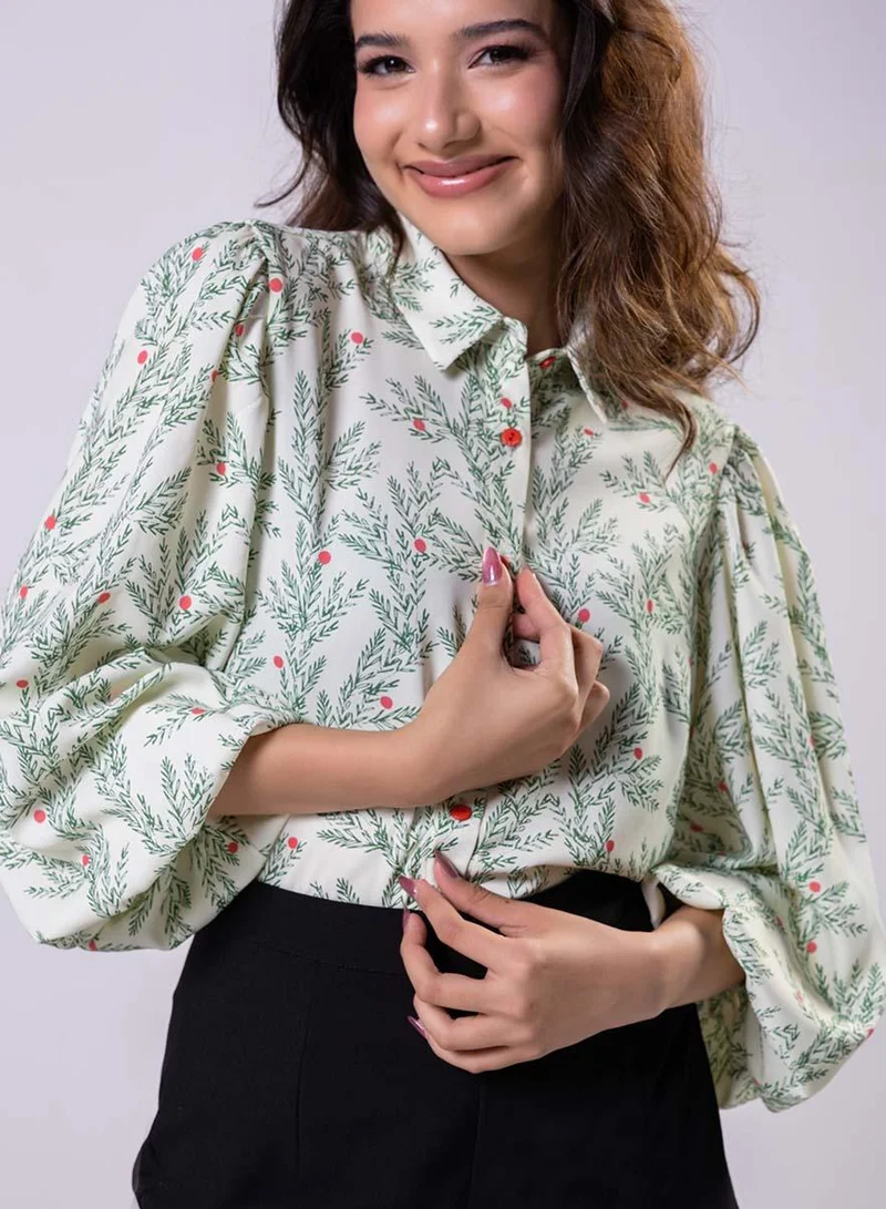 Zigzag Long Sleeve Elasicated Printed Chiffon Shirt Top