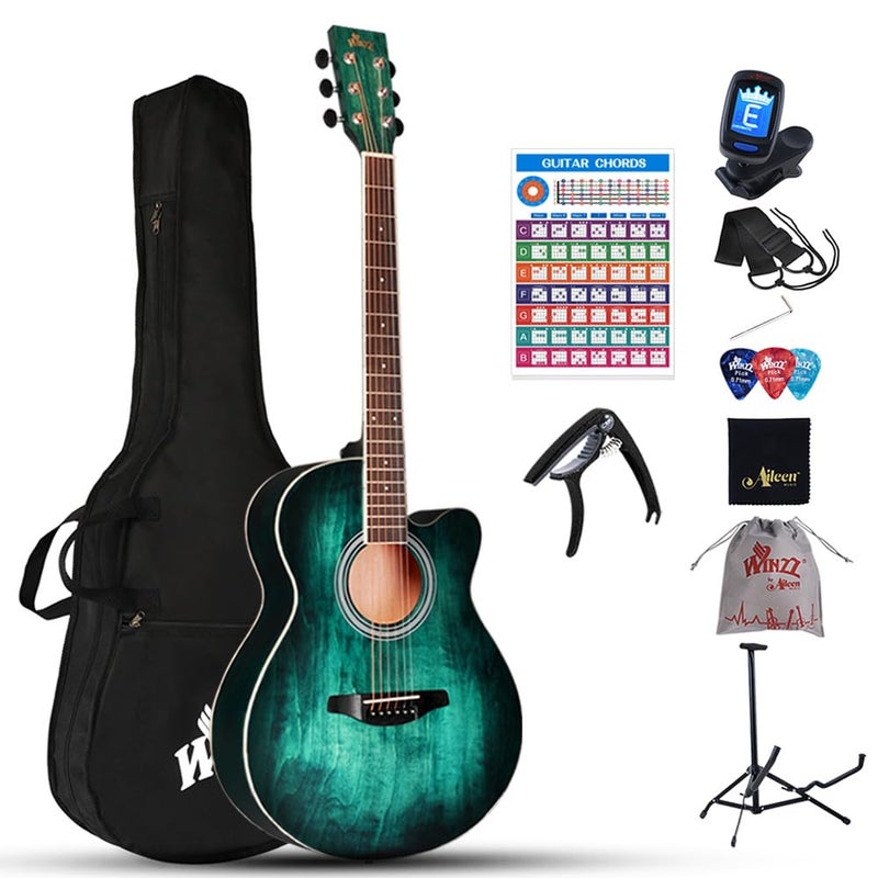 Winzz 40 Inches Acoustic Steel-string Guitar Beginner, Elegant Unique Color Design (Blue-green) - Image 1