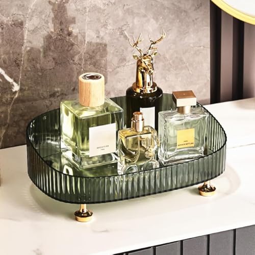 DEAMACE Makeup Perfume Organizer, Vanity Tray, Cosmetic Skincare Organizer, Countertop Organizer Tray for Bathroom Vanity Dresser Table, Green - Image 1