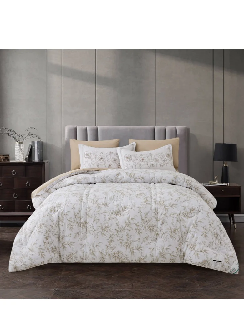 Donetella Cotton Comforter Set 6-Pcs Double Size Bed Fits(200 x 200 Cm) Reversible Printed Bedding Comforter Set With Super Soft Down Alternative Filling,Silver Sand
