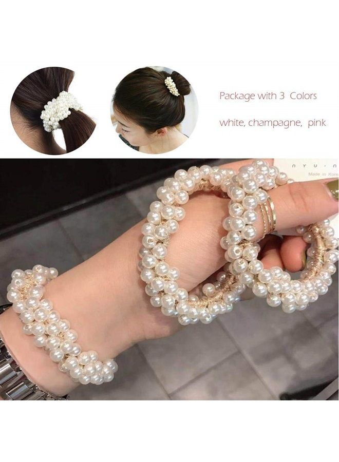 Unicra Pearl Hair Ties Fashion Elastic Hair Scrunchies Set Beaded Hair Ropes Fancy Pearls Ponytail Holder Hair Accessories for Women and Girls 3PCS (Pearl) - Image 2