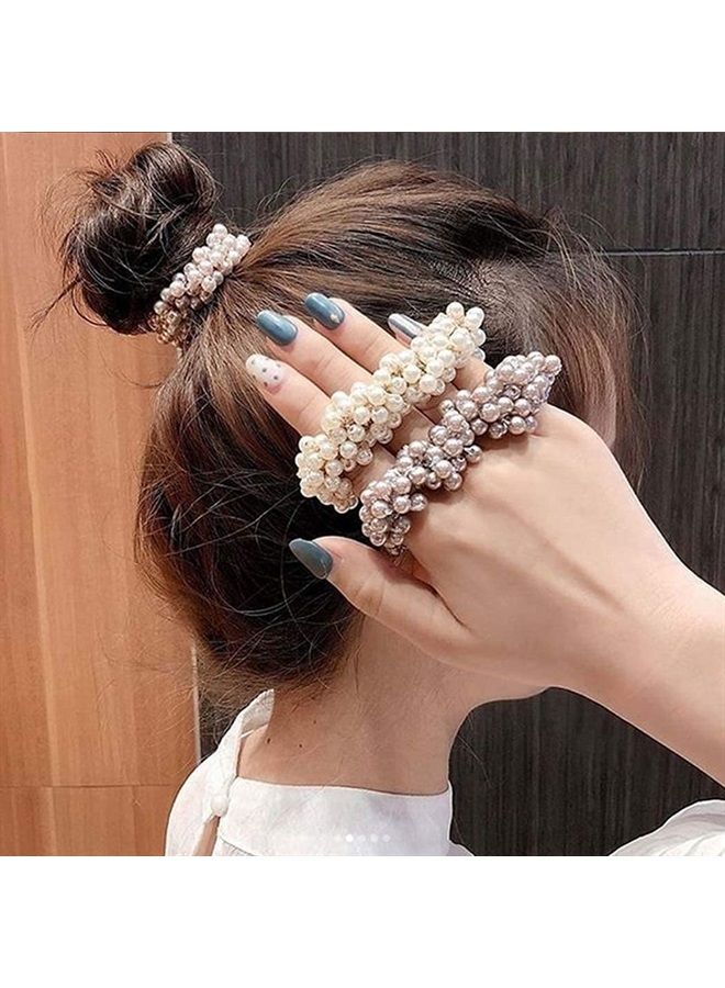 Unicra Pearl Hair Ties Fashion Elastic Hair Scrunchies Set Beaded Hair Ropes Fancy Pearls Ponytail Holder Hair Accessories for Women and Girls 3PCS (Pearl) - Image 3