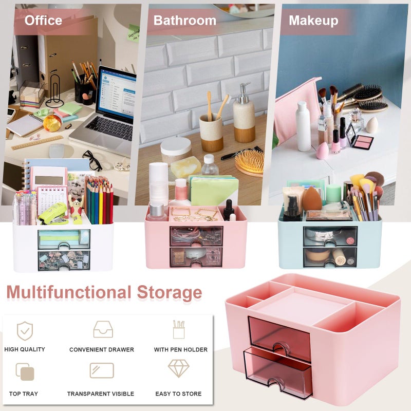 Meiikun Plastic Pen Organizer, Multifunctional Desk Organizer with 2 Drawers, 4 Compartments & a Top Tray, Pencil Holder Desktop Organizers and Accessories for Office, 7.7" x 5.5" x 3.9" (Pink) - Image 4