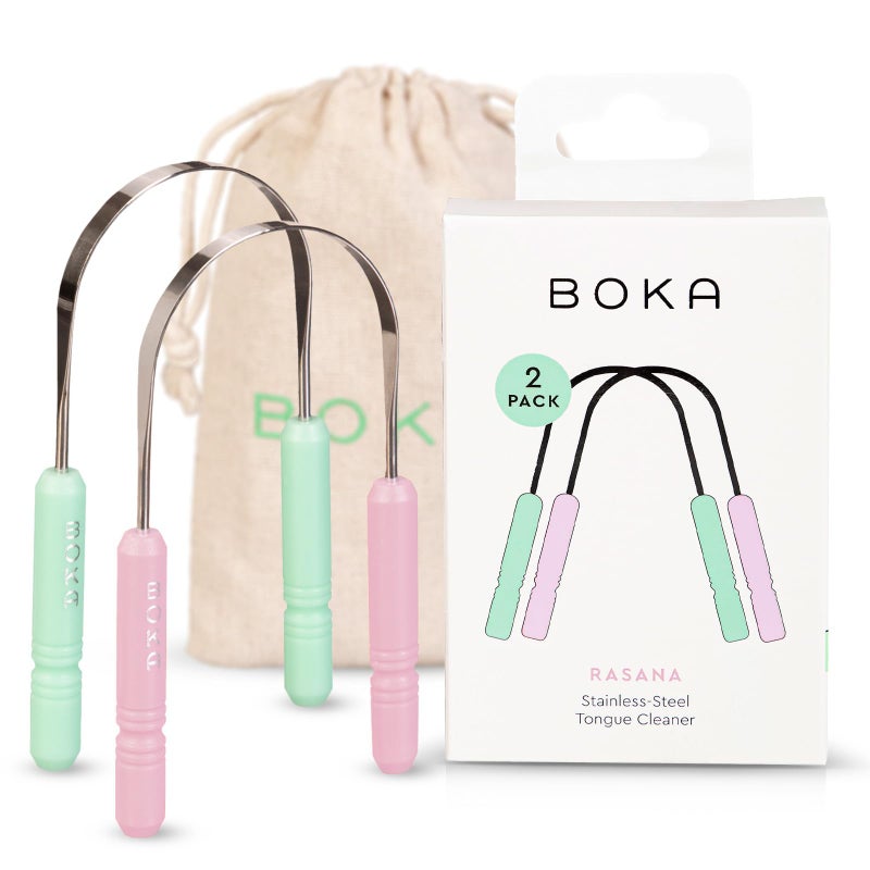 Boka Tongue Scraper for Adults & Kids with Case - Stainless Steel Tongue Cleaner w/Linen Travel Pouch - Scrubber to Remove Tongue Buildup and Freshen Breath (Pack of 2), Green and Pink - Image 1
