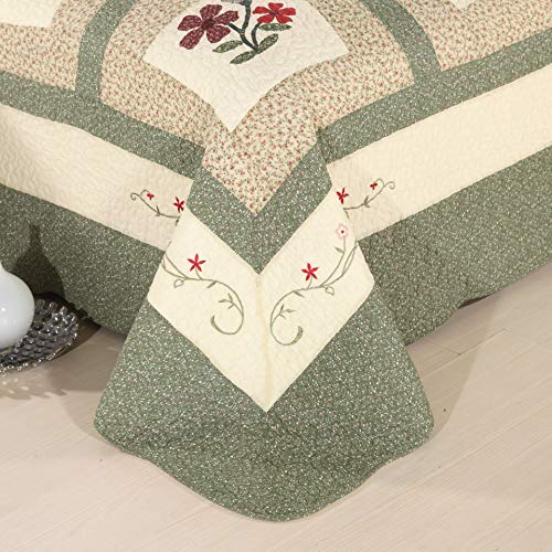 vctops Farmhouse Green 3 Piece Embroidered Floral Quilted Bedspread Quilt Set 100% Cotton Reversible Patchwork Coverlet Set 1 Quilt and 2 Pillow Shams (Green,King) - Image 5
