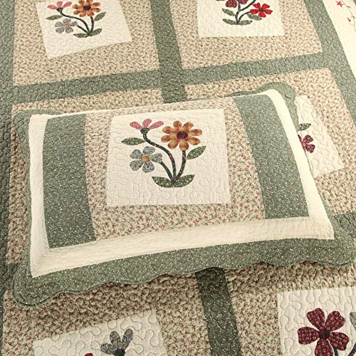vctops Farmhouse Green 3 Piece Embroidered Floral Quilted Bedspread Quilt Set 100% Cotton Reversible Patchwork Coverlet Set 1 Quilt and 2 Pillow Shams (Green,King) - Image 4