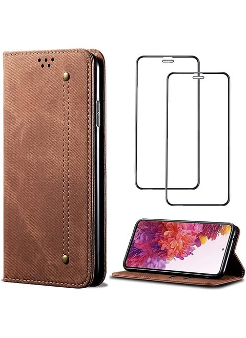 Case For Xiaomi Poco X3 Nfc Poco X3 Pro Cover With Tempered Glass Screen Protector 2 Pieces Flip Cover With Card Slot Kickstand Magnetic Anti Fall Protective Xiaomi Poco X3 Pro Brown